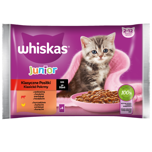 Whiskas Junior 2-12 miesięcy Klasyczne posiłki Sos z wołowiną i z kurczakiem 340 g (4x85 g) 997872.png