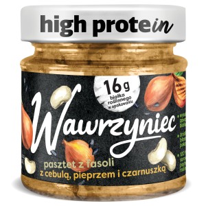 Wawrzyniec High Protein. Wysokobiałkowy pasztet z fasoli z cebulą, pieprzem i czarnuszką 180 g