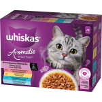 Whiskas Karma Aromatyczna Mieszanka w sosie z wieprzowiną i marchewką, z kurczakiem i marchewką, z rybą oceaniczną, z łososiem i groszkiem 12x85g