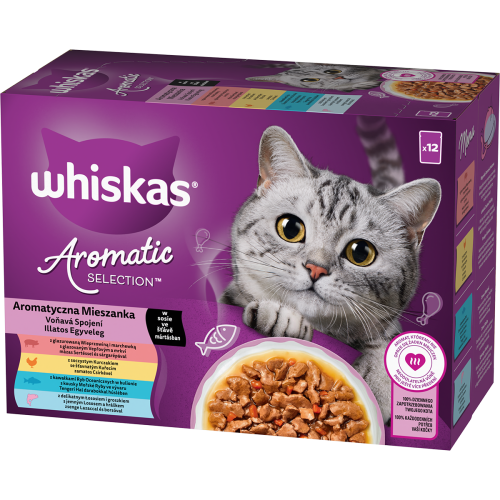 Whiskas Karma Aromatyczna Mieszanka w sosie z wieprzowiną i marchewką, z kurczakiem i marchewką, z rybą oceaniczną, z łososiem i groszkiem 12x85g 1315326.png