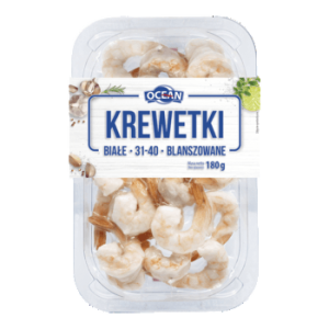 Abramczyk krewetki białe 31-40 blanszowane bez głowy bez pancerza z ogonkiem 20% 180/225 g ocean
