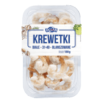 abramczyk krewetki białe 31-40 blanszowane bez głowy bez pancerza z ogonkiem 20% 180/225g ocean