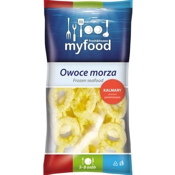 MyFood Pierścienie panierowanie z kałamarnicą formowane. wstępnie podsmażone. głęboko mrożone 500 g MyFood Pierścienie panierowanie z kałamarnicą formowane. wstępnie podsmażone. głęboko mrożone 500g