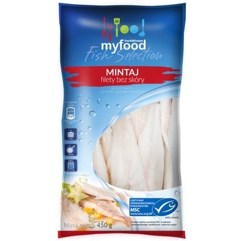 Myfood msc mintaj (theragra chalcogramma) filety bez skóry, produkt głęboko mrożony, rozmiar: 120-170 g, glazura: 10%, 450 g/500 g myfood msc mintaj (theragra chalcogramma) filety bez skóry, produkt głęboko mrożony, rozmiar: 120-170 g, glazura: 10%, 450 g/500 g