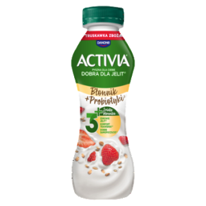 Jogurt Activia o smaku truskawkowym ze zbożami oraz szczepem bakterii ActiRegularis®.