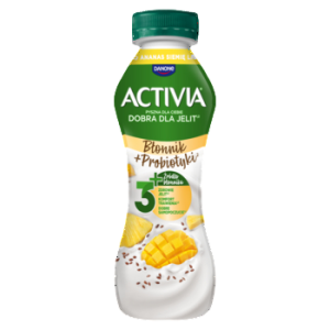 Jogurt Activia o smaku ananas-mango z nasionami i zbożami oraz szczepem bakterii ActiRegularis®.