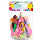 Zestaw "Bal duży" (4 czapeczki, 4 trąbki, 4 balony,1 rolka serpentyny)