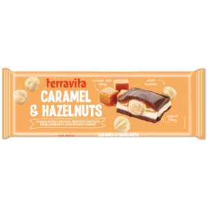 Czekolada Terravita Mleczna Z Nadzieniem Jogurtowym I Karmelowym Z Całym Orzechem 235 g