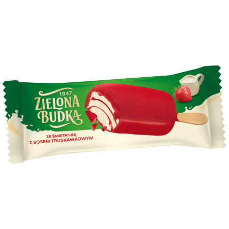 Zielona budka Lody ze śmietanką z sosem truskawkowym w polewie o smaku truskawkowym 90 ml Zielona budka Lody ze śmietanką z sosem truskawkowym w polewie o smaku truskawkowym 90ml