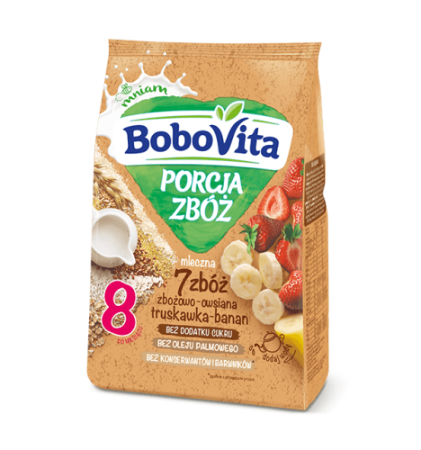 Kaszka mleczna 7 zbóż truskawka-banan BDC Bobovita 210 g Kaszka mleczna 7 zbóż truskawka-banan BDC Bobovita 210 g