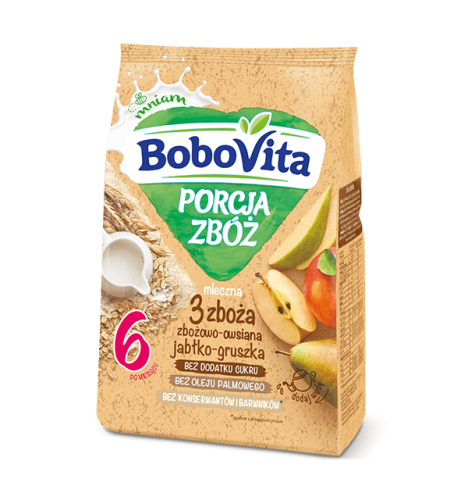 Kaszka mleczna 3 zboża jabłko-gruszka BDC Bobovita 210 g Kaszka mleczna 3 zboża jabłko-gruszka BDC Bobovita 210 g