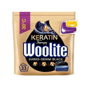Żelowe kapsułki do prania z keratyną czerń, ciemne kolory & jeans Woolite 33 szt.