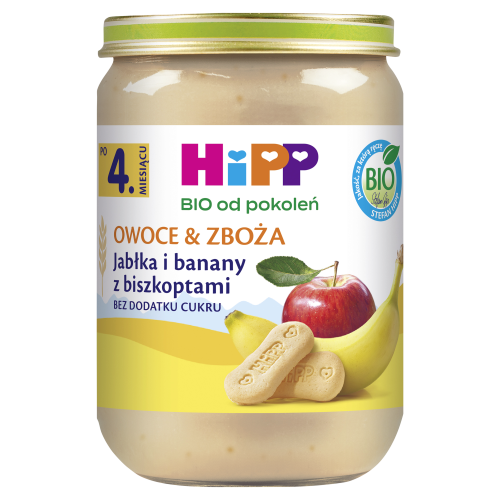 Owoce & Zboża jabłka i banany z biszkoptami HiPP BIO 190 g Owoce & Zboża jabłka i banany z biszkoptami HiPP BIO 190 g