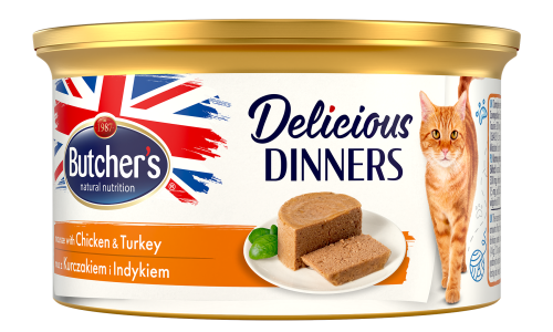 Butcher's Classic Delicious Dinners Karma dla dorosłych kotów mus z kurczakiem i indykiem 85 g