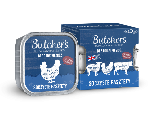 Butcher's Original Soczyste pasztety, karma dla psa, mix smaków z wątróbką lub nerkami, pasztety 4x600 g