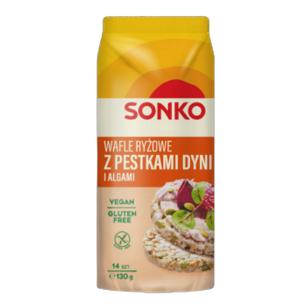 Wafle ryżowe z pestkami dyni i algami morskimi Sonko 130 g Wafle ryżowe z pestkami dyni i algami morskimi Sonko 130g