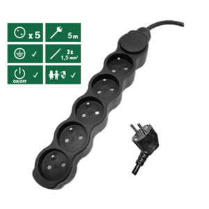Przedłużacz 5 gniazd z uziemieniem i wyłącznikiem o przekroju 1,5mm2 5m czarny