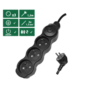 Przedłużacz 3 gniazda z uziemieniem i wyłącznikiem o przekroju 1,5mm2 1,5m czarny