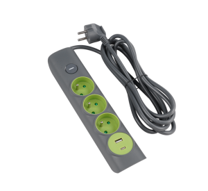 Przedłużacz 3 gn. z "0" z wył. 3m 1,5mm2 gniazdo usb a + usb c szaro-zielony