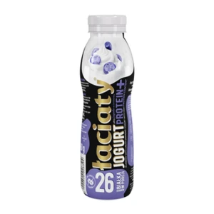Jogurt Łaciaty jagoda ze śmietanką z wysoką zawartością białka w butelce typu PET 360g