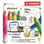 Zestaw kredek do tablic suchościeralnych STABILO MARKdry neon 4 kolory z temperówką i ściereczką