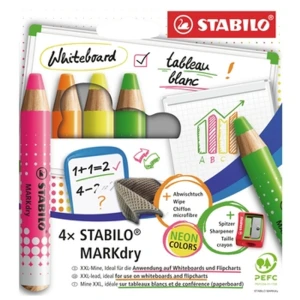 Zestaw kredek do tablic suchościeralnych STABILO MARKdry neon 4 kolory z temperówką i ściereczką