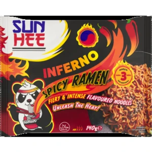 Sun Hee Danie z pszennym, błyskawicznym makaronem Ramen, typu noodle ze słodko-pikantnym sosem Inferno 140g