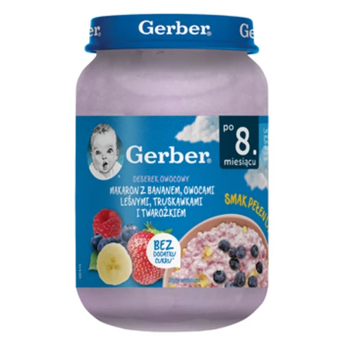 Gerber Makaron z bananem, owocami leśnymi, truskawkami i twarożkiem 190 g 1775828199000-0ul3s.png
