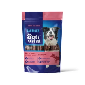OptiVital Tasticks - karma uzupełniająca dla psów wszystkich ras - kabanosy z wołowiną i indykiem z dodatkiem spiruliny i szałwii 80g