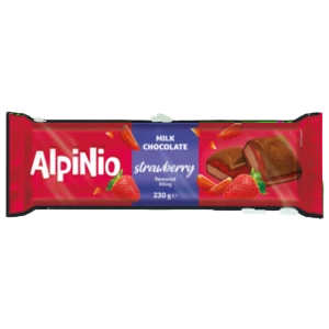 Alpinio.Czekolada mleczna z nadzieniem o smaku truskawkowym i nadzieniem truskawkowym 230g