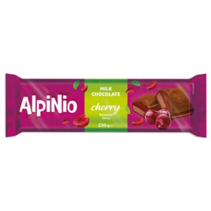 Alpinio.Czekolada mleczna z nadzieniami o smaku wiśniowym 230g