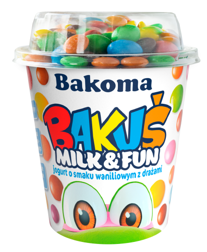 Bakuś Milk&amp;Fun Jogurt o smaku waniliowym z drażami 135g