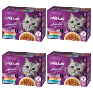 Whiskas Karma Aromatyczna Mieszanka w sosie z wieprzowiną i marchewką, z kurczakiem i marchewką, z rybą oceaniczną, z łososiem i groszkiem 12x85g X4