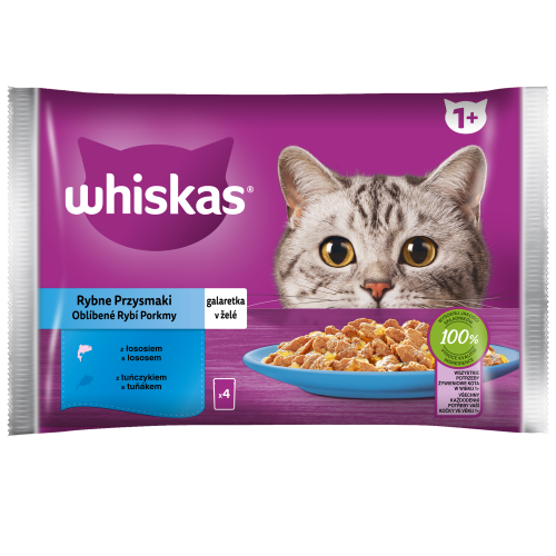 Rybne przysmaki 1+ Galaretka z łososiem i z tuńczykiem Whiskas 340g (4x85g)