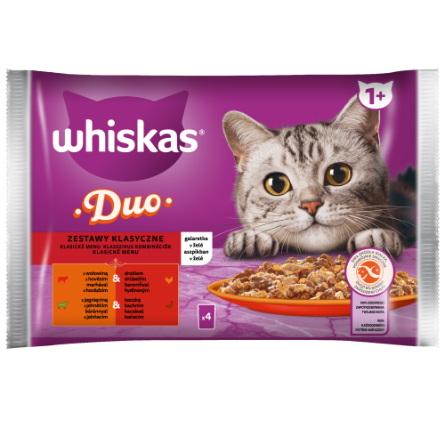 Zestawy klasyczne 1+ Galaretka z wołowiną, drobiem, jagnięciną i kaczką Whiskas Duo 340 g (4x85g) Zestawy klasyczne 1+ Galaretka z wołowiną, drobiem, jagnięciną i kaczką Whiskas Duo 340g (4x85g)