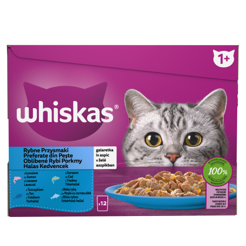 Rybne przysmaki Galaretka z łososiem, dorszem, tuńczykiem i białą rybą 1,02kg Whiskas (12x85g)