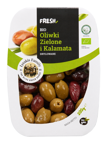 Oliwki zielone i kalamata marynowane - drylowane BIO Lyrakis Family 200g
