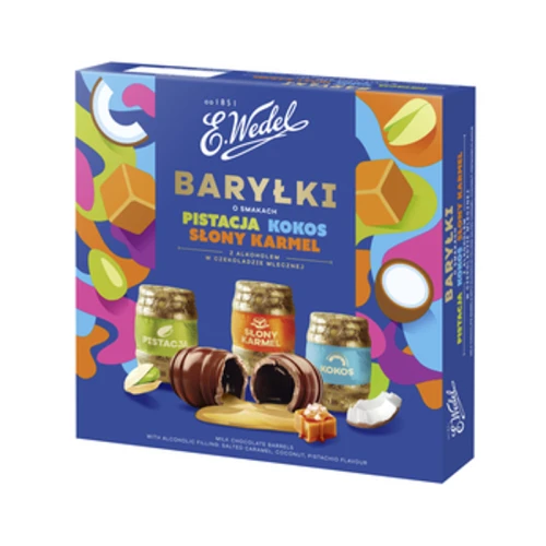 E.Wedel Baryłki o smakach pistacja, kokos, słony karmel z alkoholem w czekoladzie mlecznej 200g 1779191549616-27eot.png