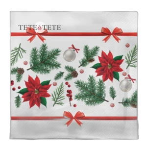 Serwetki Tete a Tete Festive Poinsettia 3-warstwowe 33x33cm składane 1/4 20szt. w paczce