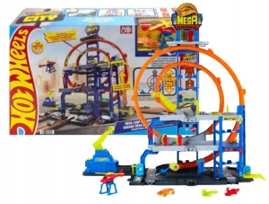Hot Wheels City Mega Garaż Gigapętla Zestaw Parking + samochód w skali 1:64 i helikopter Zabawka 4+ JBM74