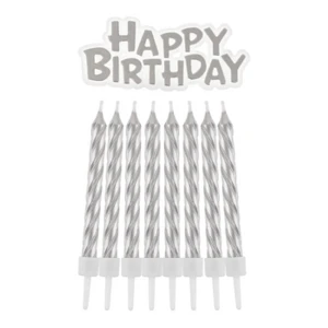 Świeczki B&C urodzinowe Happy Birthday, srebrne, 16 szt.