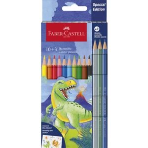 Kredki sześciokątne edycja dinozaury 10 kolorów standardowych + 3 kolory metaliczne + naklejki FABER CASTELL