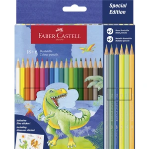 Kredki sześciokątne edycja dinozaury 18 kolorów standardowych + 3 kolory metaliczne + 3 kolory neonowe + naklejki FABER CASTELL