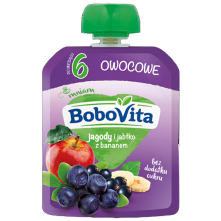 Deserek w tubce jagody i jabłka z bananem po 6 miesiącu BoboVita 80 g Deserek w tubce jagody i jabłka z bananem po 6 miesiącu BoboVita 80g