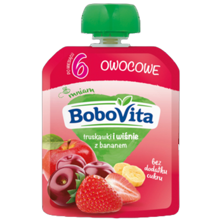 Deserek w tubce truskawki i wiśnie z bananem po 6 miesiącu BoboVita 80 g Deserek w tubce truskawki i wiśnie z bananem po 6 miesiącu BoboVita 80g