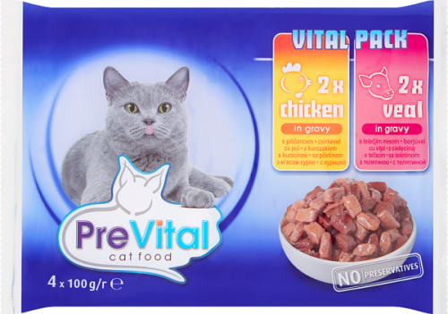 Prevital Vital Pack Karma dla dorosłych kotów z kurczakiem lub cielęciną w sosie 4 x 100 g 02db309a901266bf98da14274253ab80
