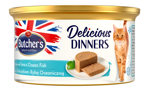 Butcher's Classic Delicious Dinners Karma dla dorosłych kotów mus z tuńczykiem i rybą morską 85 g