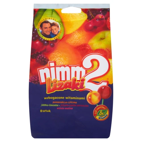 Nimm2 lizaki wzbogacone witaminami oraz sokiem w 4 owocowych smakach 80 g 8 sztuk 25fe0be847a17fb46ec0ceff695ed812