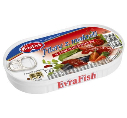 Evrafish filety makrela w sosie pomidorowym 170 g 5408afbc760fffdb059463959261e5ac