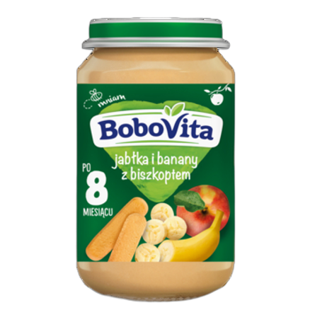 Przecier dla niemowląt jabłka i banany z biszkoptem po 8 miesiącu BoboVita 190 g Przecier dla niemowląt jabłka i banany z biszkoptem po 8 miesiącu BoboVita 190g